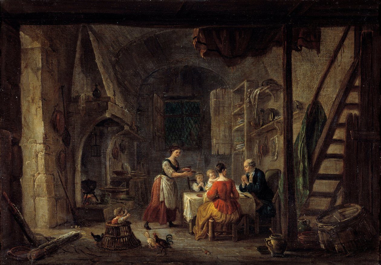 De Benedicite Scène van maaltijd in een boerenfamilie, het gebed door Jean Baptiste Lallemand