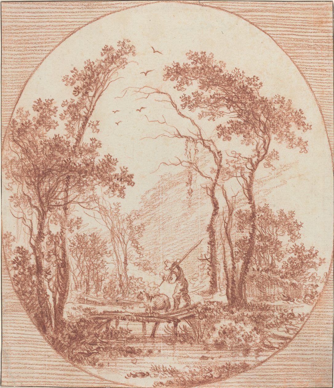 Een boer en een schaap steken een rustieke brug over door Jean Baptiste Le Prince