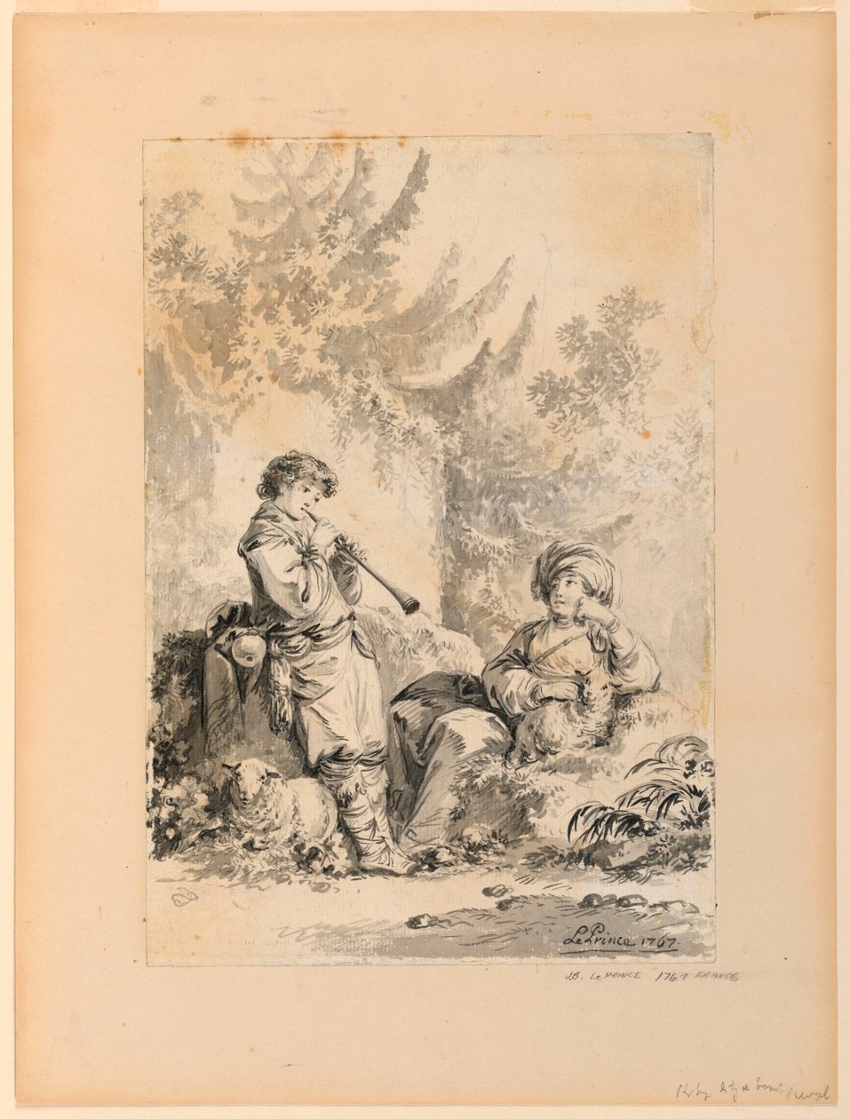 Tekening, Herdersjongen en herderin in een landschap, 1767 door Jean Baptiste Le Prince
