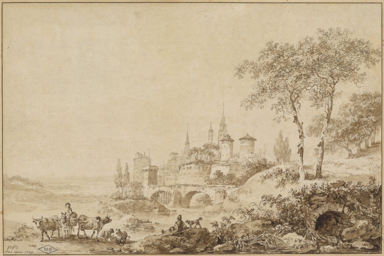 Herders in een Landschap voor een Versterkte Stad door Jean Baptiste Le Prince