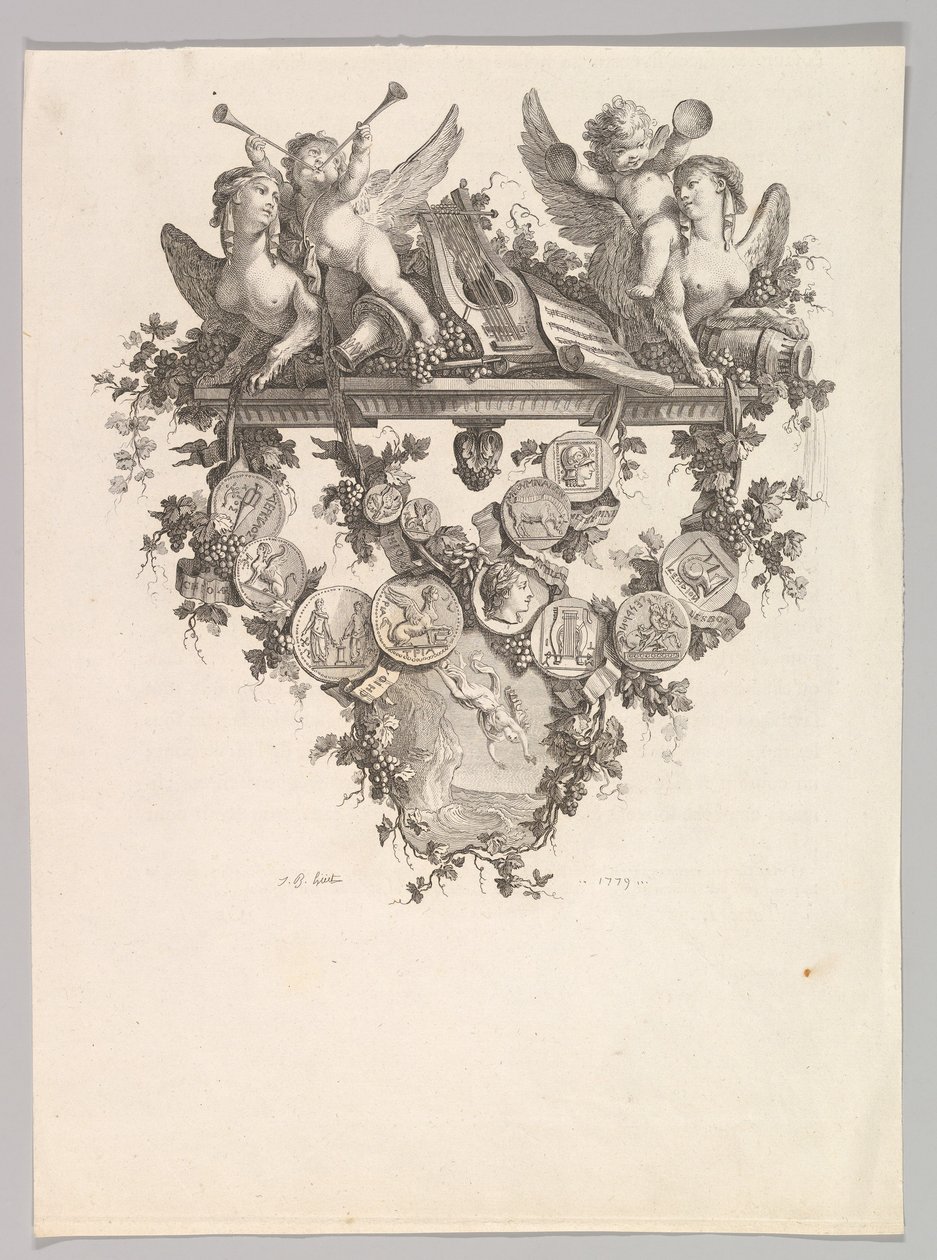 Vignet met sfinxen en putti door Jean Baptiste Marie Huet