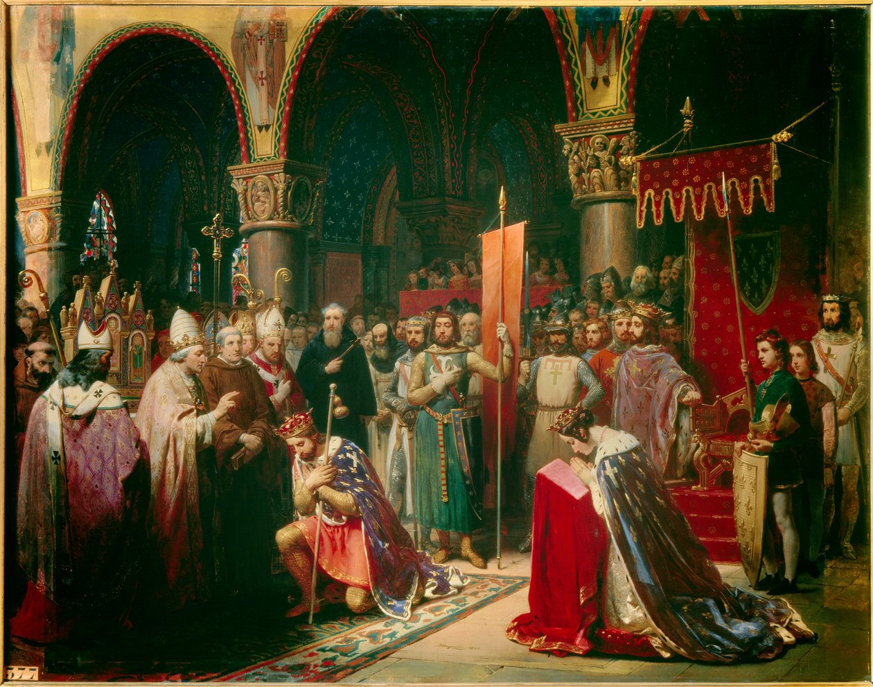 Koning Lodewijk VII neemt de oriflamme in de Basiliek van Saint Denis in aanwezigheid van koningin Alienor van Aquitanië door Jean Baptiste Mauzaisse