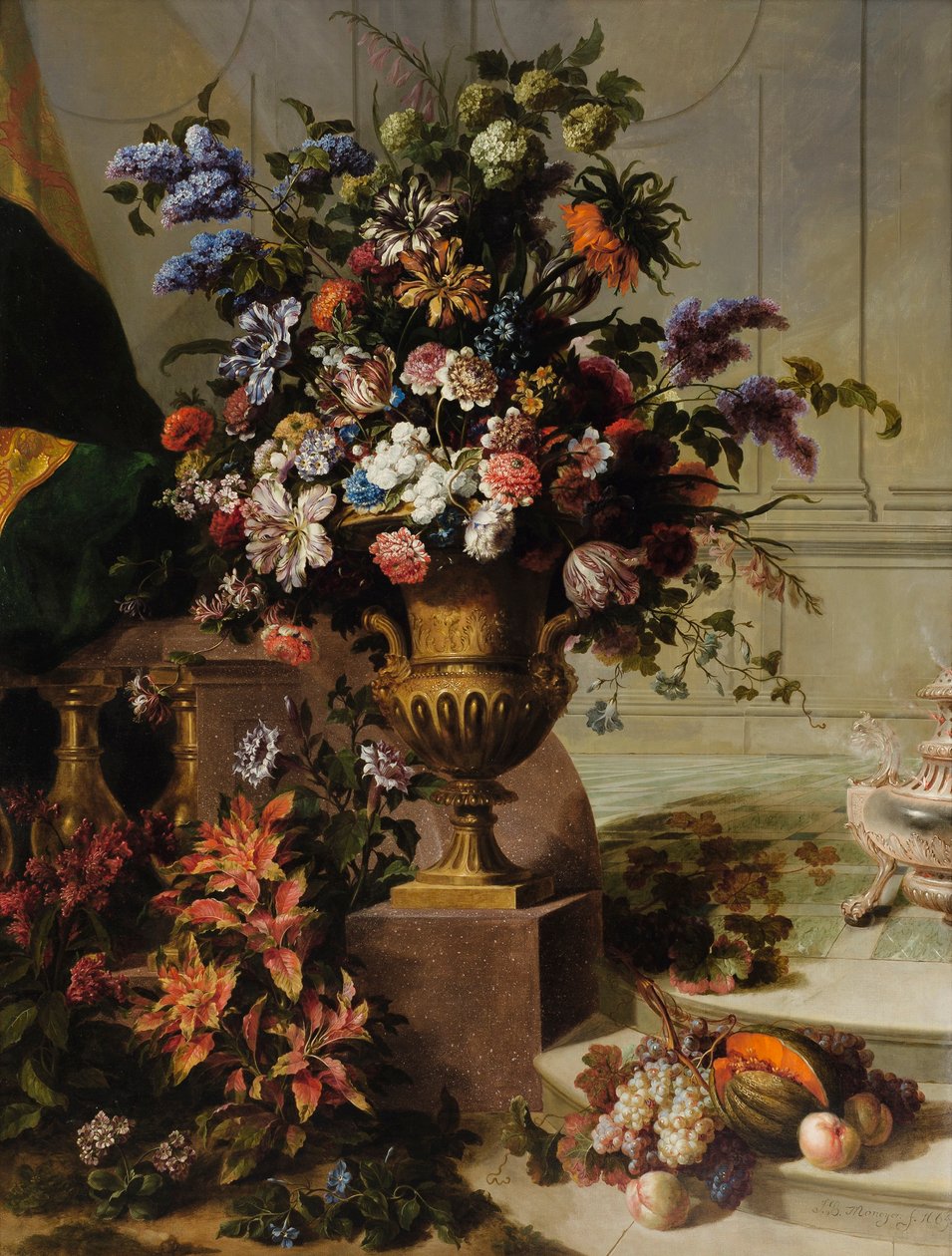 Een boeket bloemen in een verguld bronzen urn op een porfieren ondergrond in een architectonische omgeving door Jean Baptiste Monnoyer