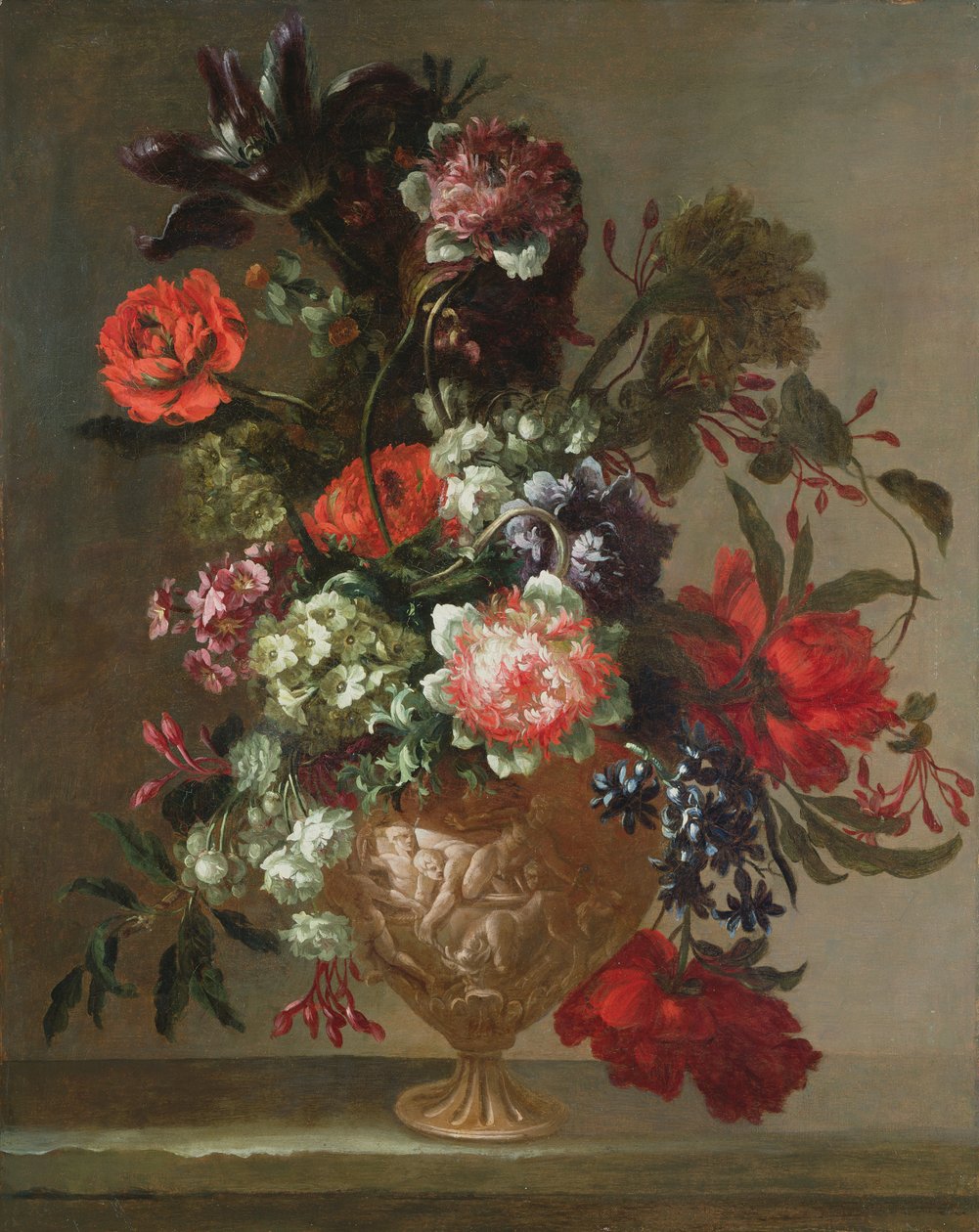 Stilleven van bloemen in een gebeeldhouwde vaas door Jean Baptiste Monnoyer