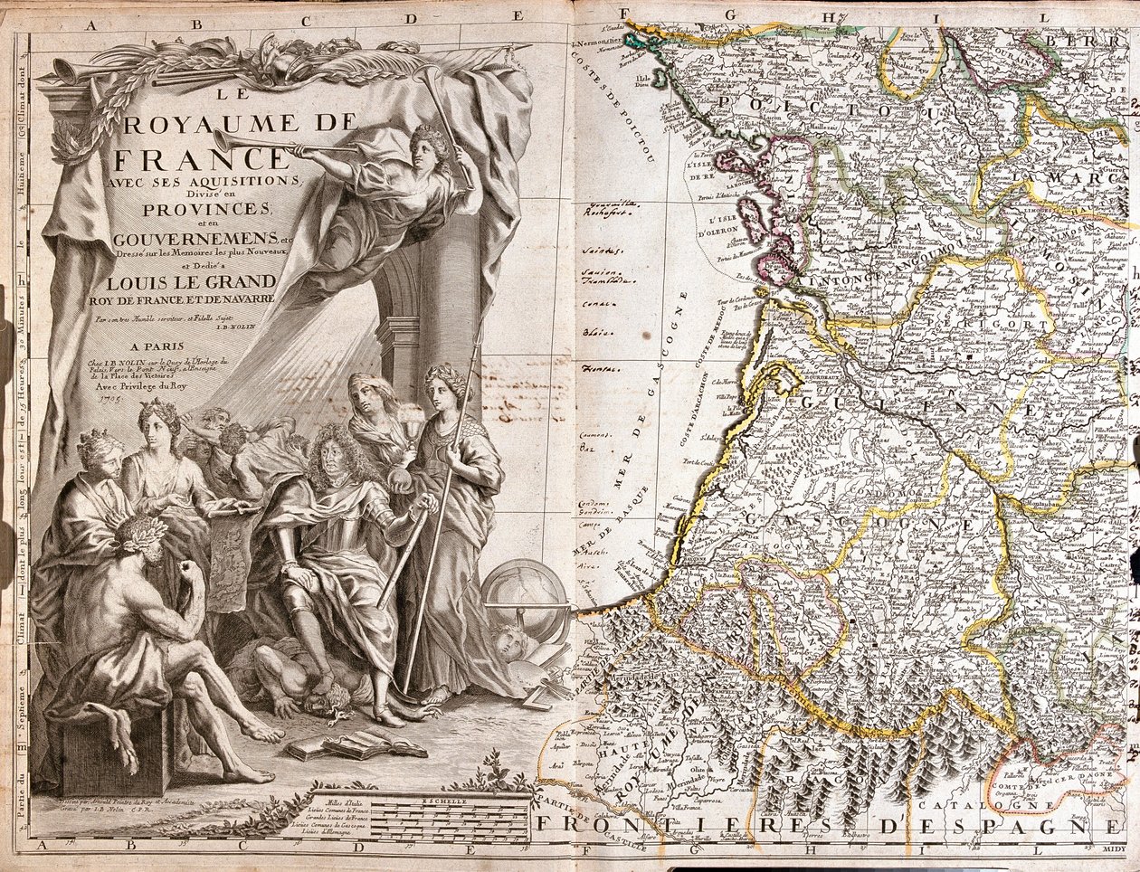 Kaart van Guyenne en Gascogne, met een portret van Lodewijk XIV omringd door allegorische figuren door Jean Baptiste Nolin