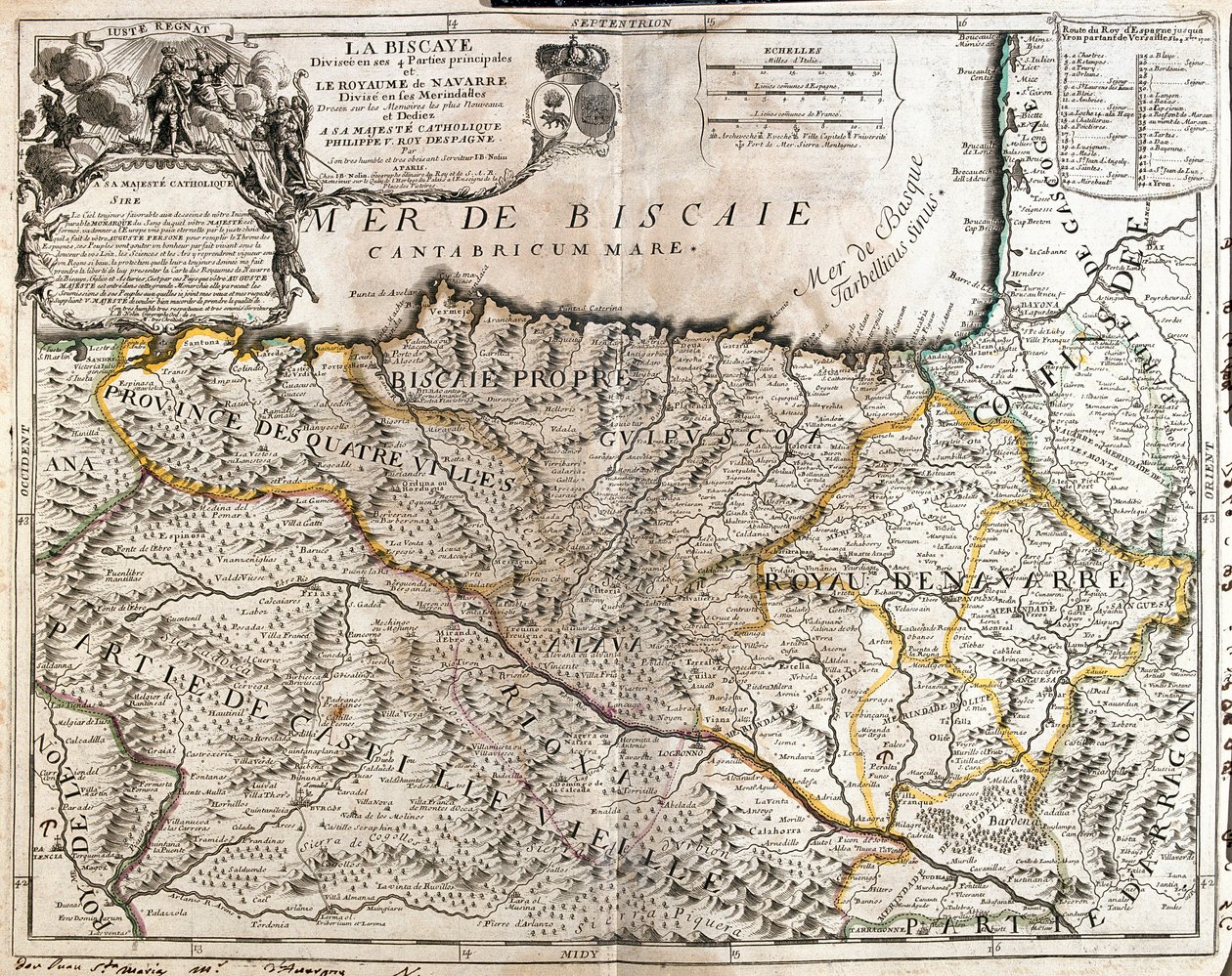 Kaart van de provincie Biscaje (Spanje) en het koninkrijk Navarra (Frankrijk) (Gravure) door Jean Baptiste Nolin