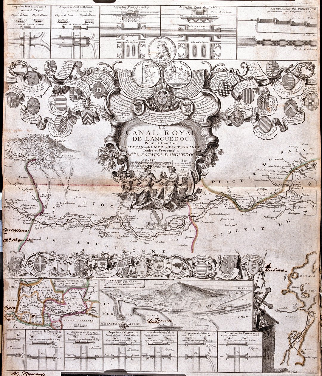 Kaart van het Canal du Midi, met zijn aquaducten door Jean Baptiste Nolin