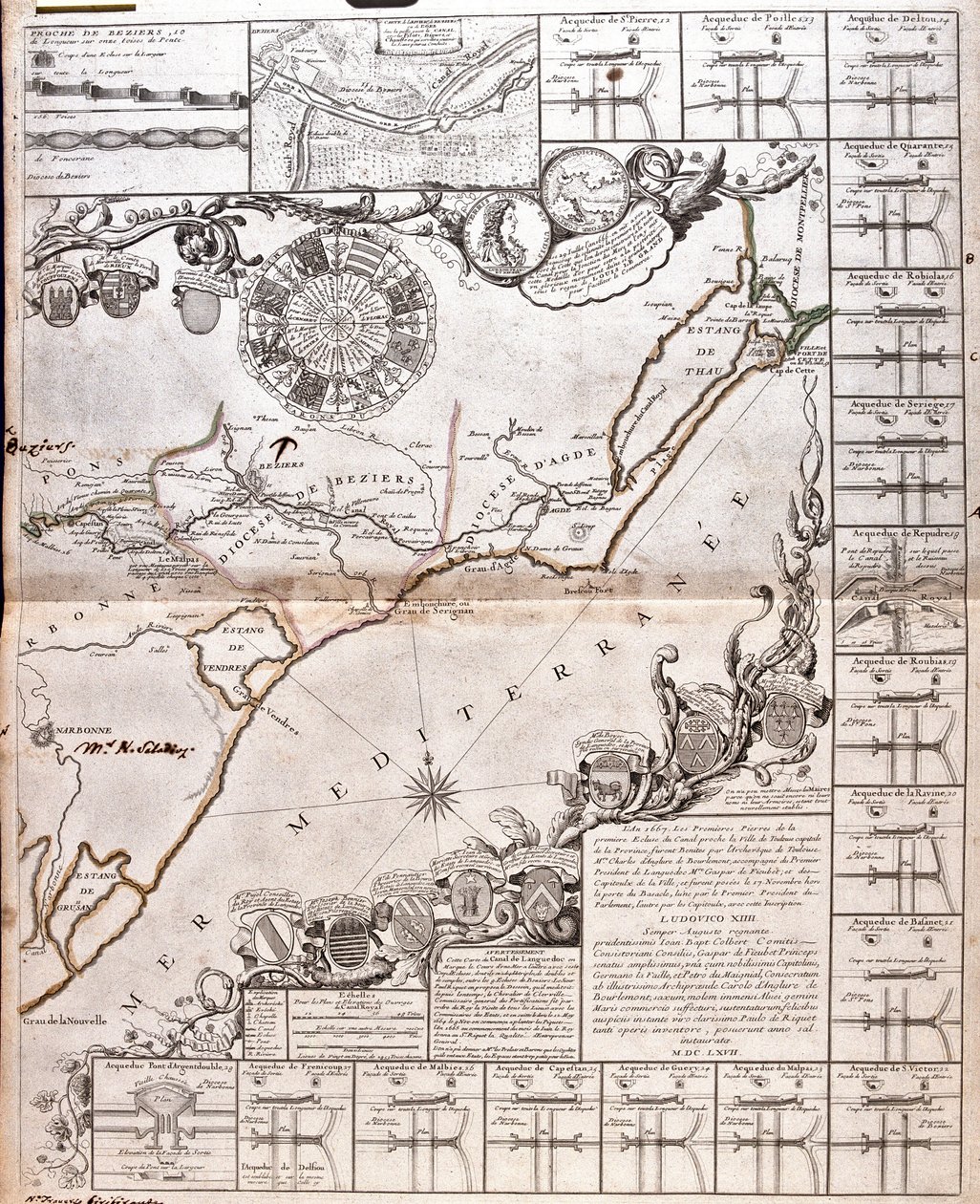 Kaart van het Canal du Midi, met zijn aquaducten door Jean Baptiste Nolin