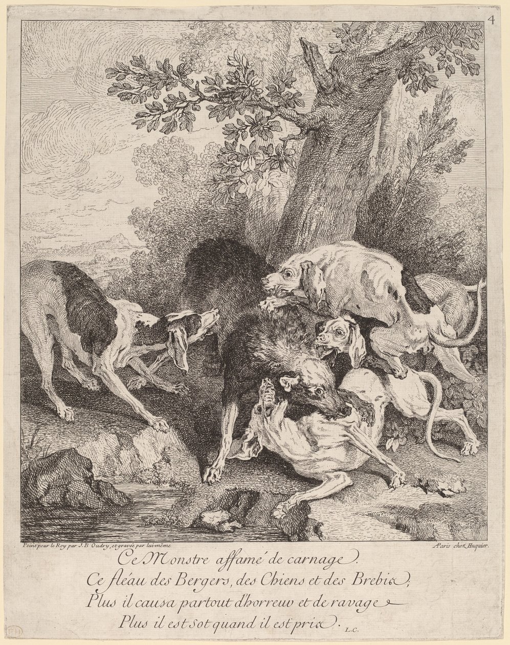Een wolf aangevallen door honden door Jean Baptiste Oudry