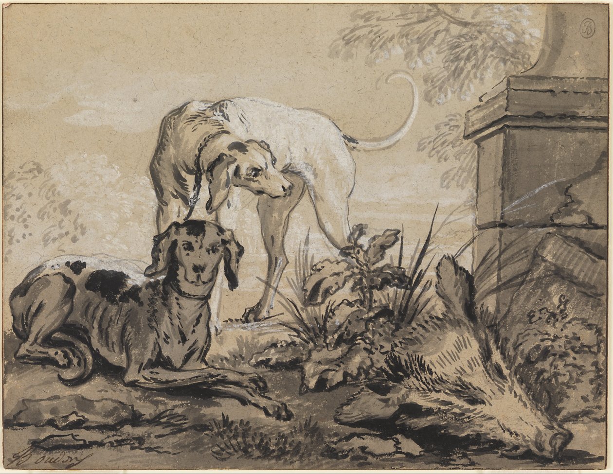 Na de jacht: Twee honden naast een zwijnenkop door Jean Baptiste Oudry