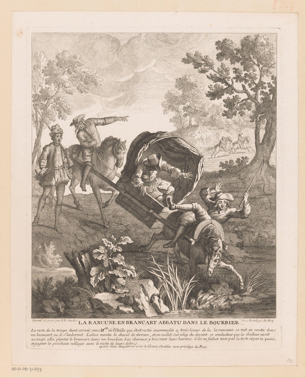 Draagkoets met paarden valt in het water door Jean Baptiste Oudry