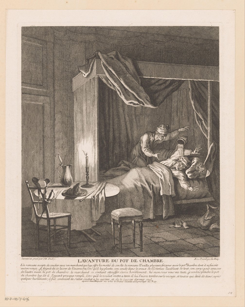 Man schrikt wakker door kamerpot die over hem geleegd wordt (Scènes uit de Roman Comique van Scarron) door Jean Baptiste Oudry