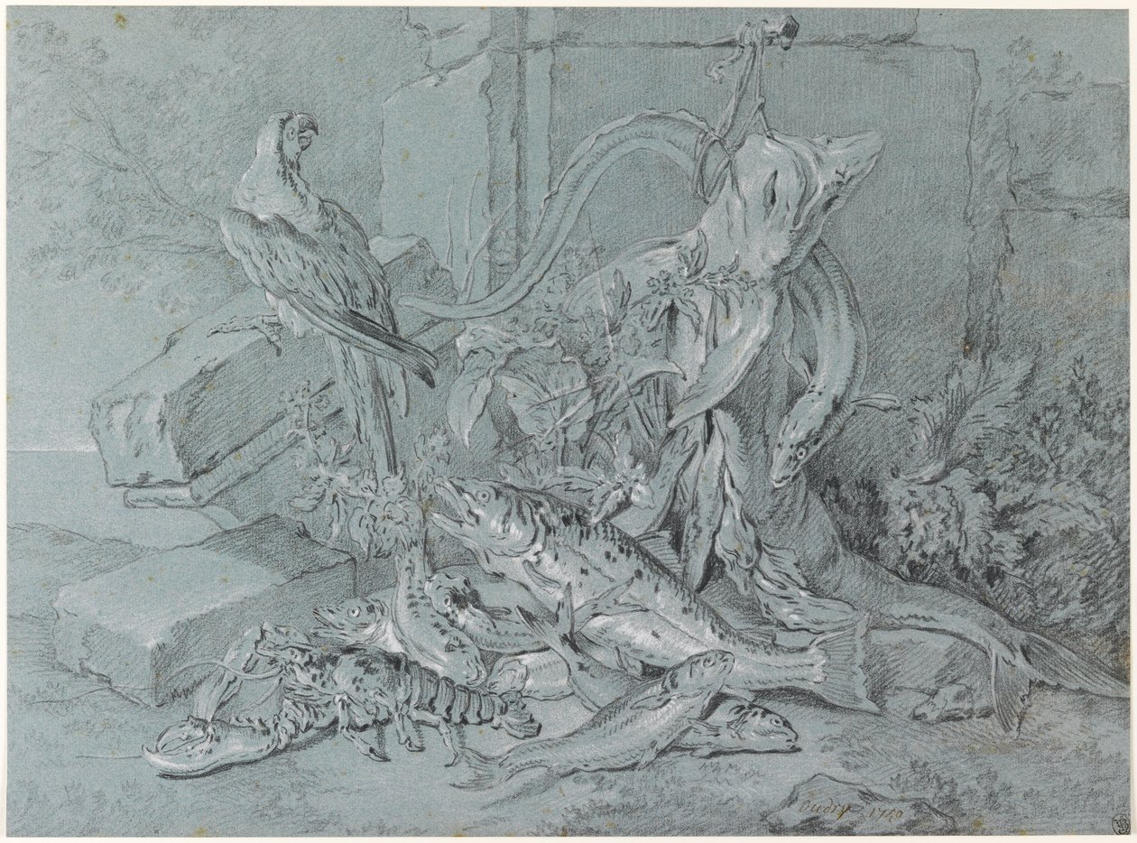 Stilleven met vis en papegaai door Jean Baptiste Oudry