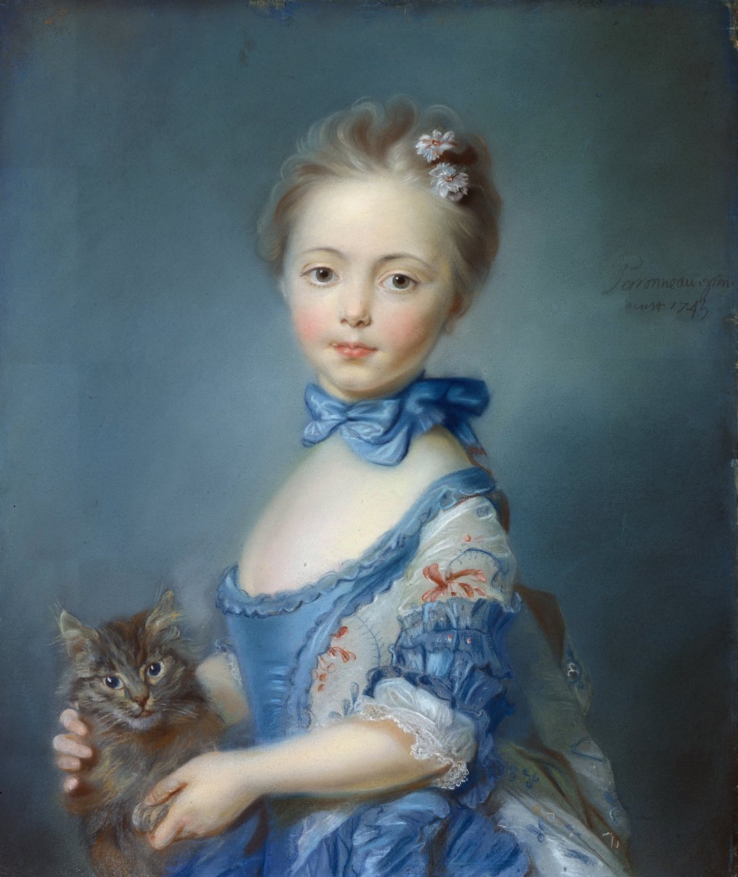 Portret van het meisje met de kat. Schilderij in pastel door Jean-Baptiste Perroneau (Jean Baptiste Perronneau) (1715-1783) door Jean Baptiste Perronneau