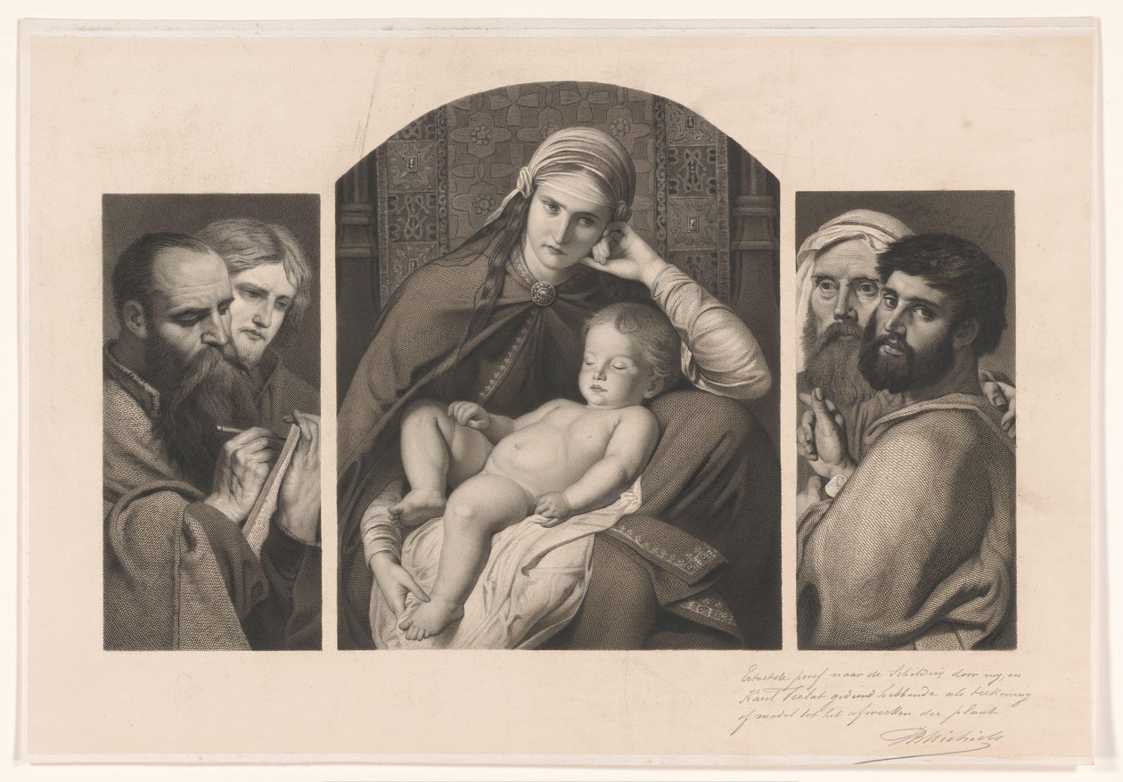 Drieluik: Maria met Christus op schoot, en twee groepen van twee apostelen door Jean Baptiste Pierre Michiels (signed by artist)
