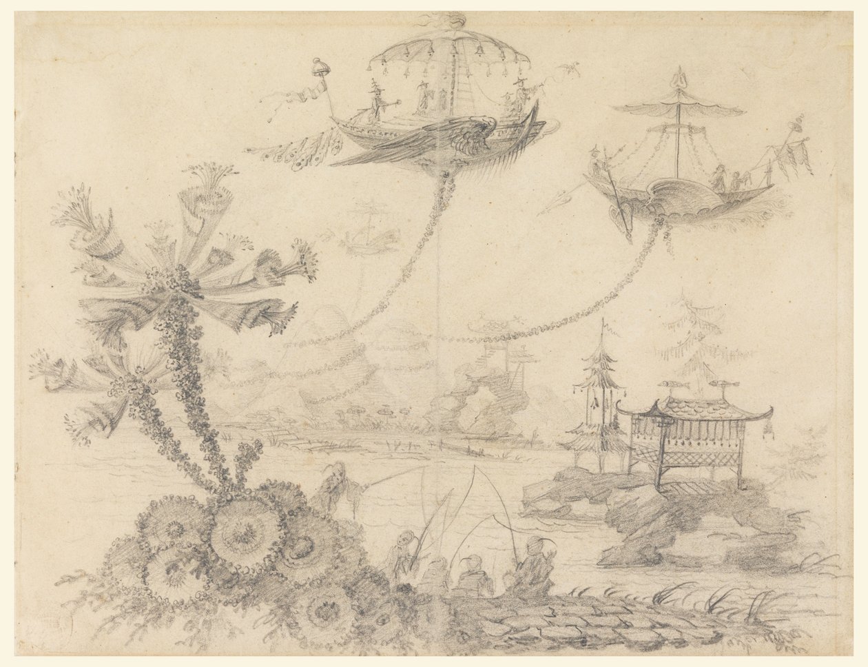 Tekening, Chinoiserie Fantasie, 1770-90 door Jean Baptiste Pillement