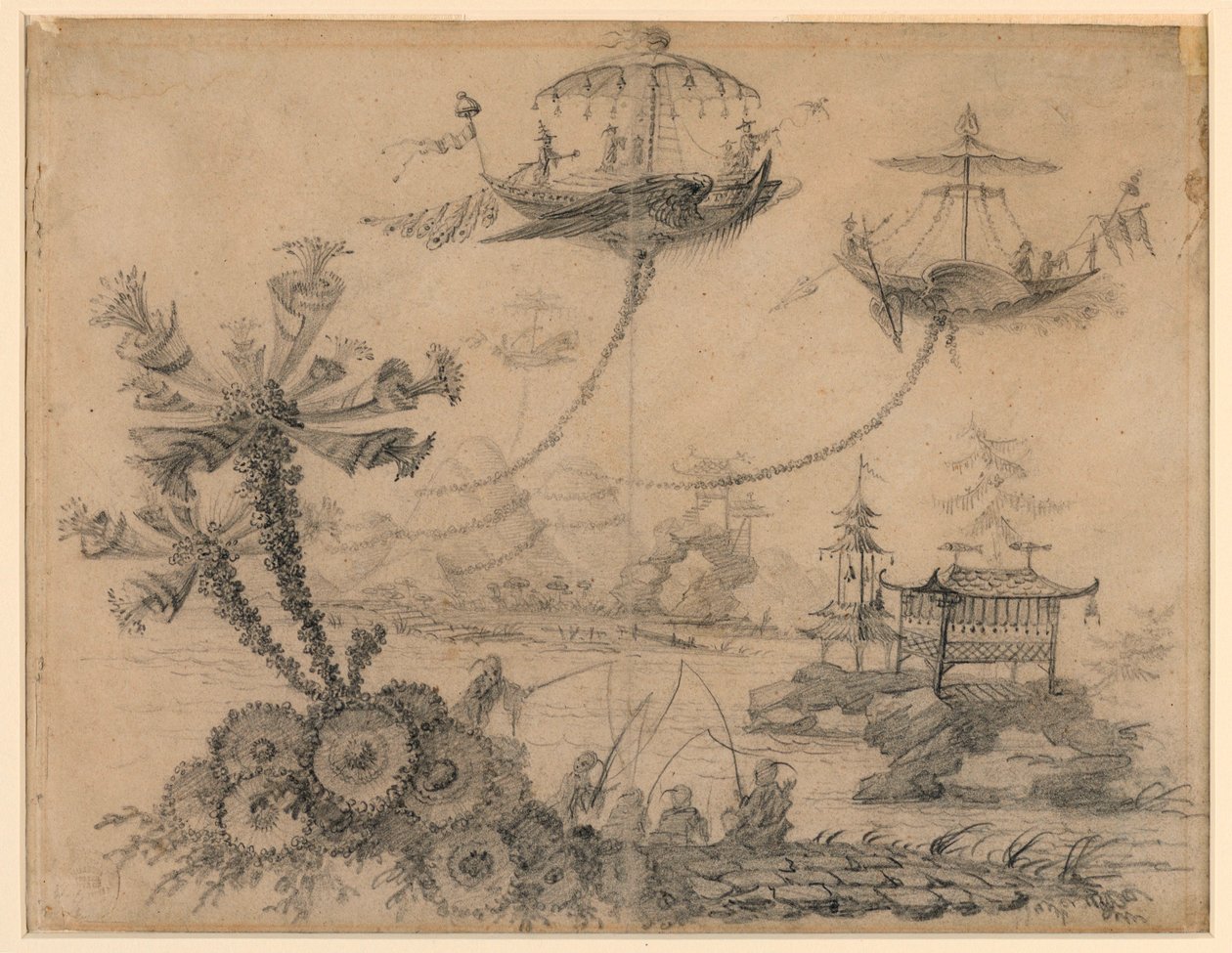 Tekening, Chinoiserie Fantasie, 1770-90 door Jean Baptiste Pillement