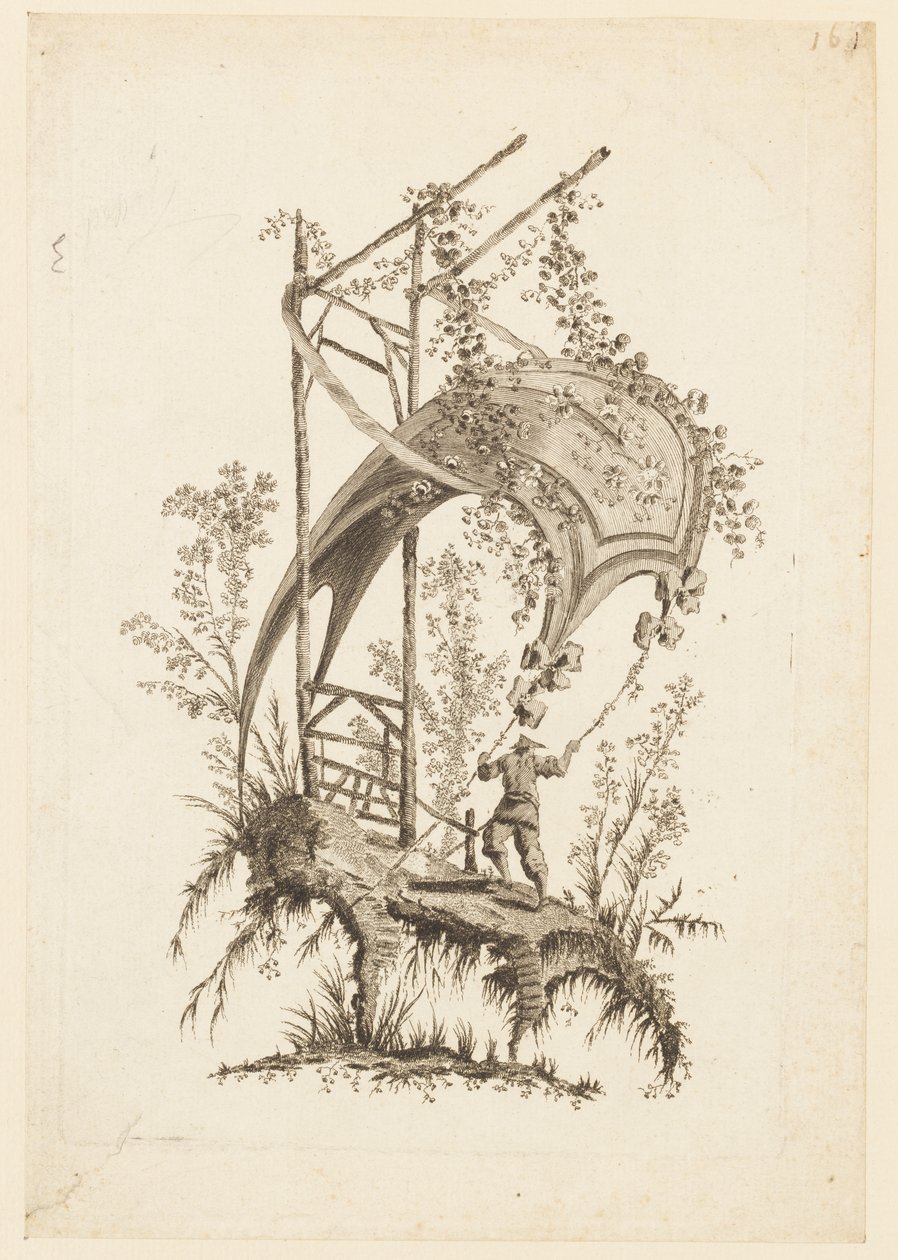 Figuur die Twee Hoeken van Tent Vasthoudt, uit "Recueil des Tentes Chinoises" door Jean Baptiste Pillement