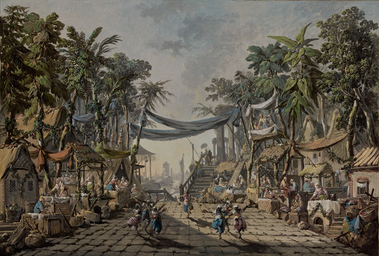 Marktscène in een denkbeeldige oosterse haven, ca. 1764 door Jean Baptiste Pillement