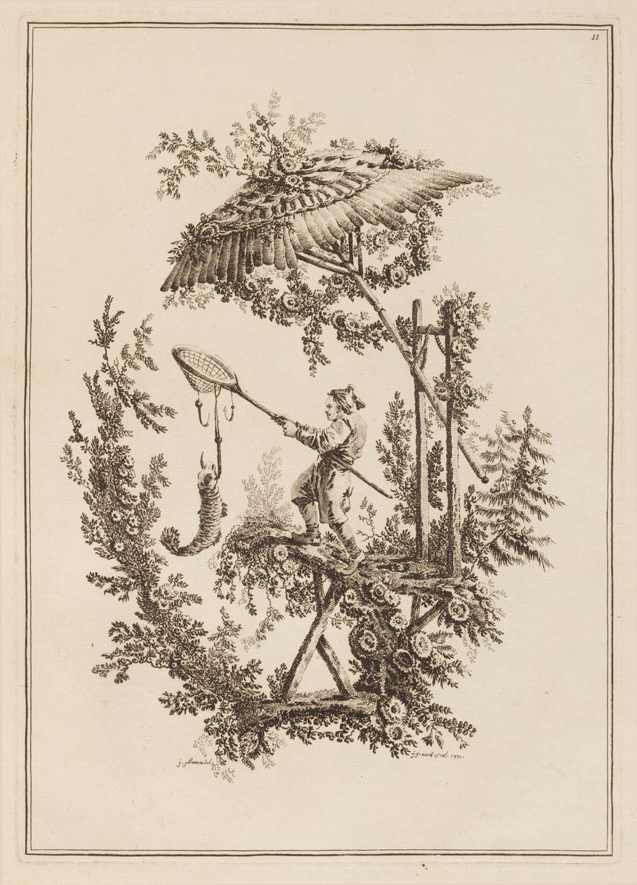 Plaat 11, uit "Suite de Douze Pêcheurs et Chasseurs" door Jean Baptiste Pillement