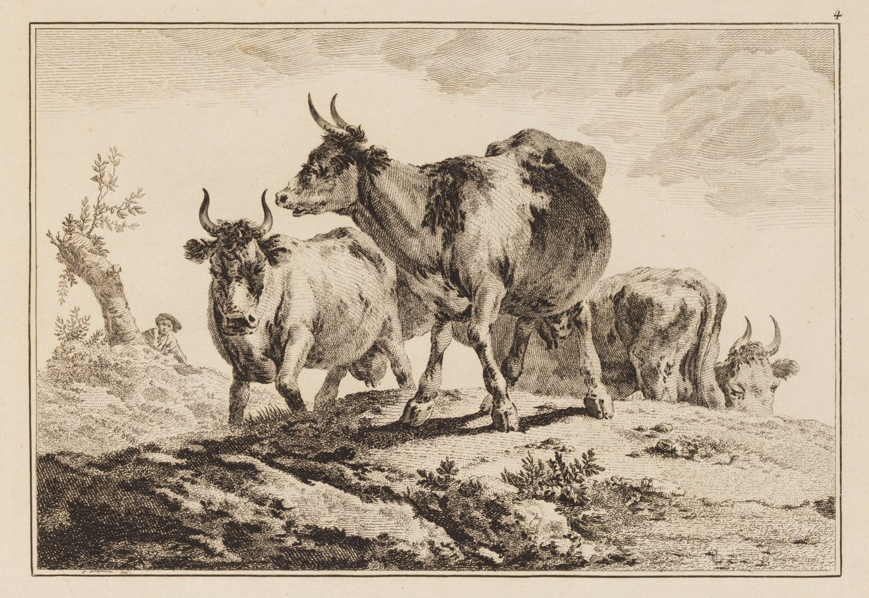 Blad 4, uit "Cahier de Six Feuilles de Boeufs et Vaches" door Jean Baptiste Pillement