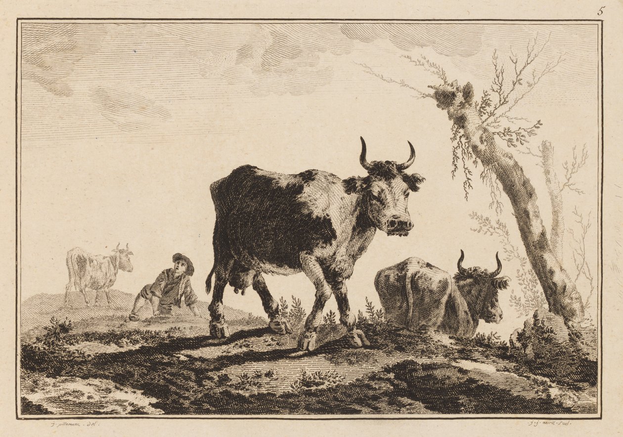 Plaat 5, "Cahier de Six Feuilles de Boeufs et Vaches" door Jean Baptiste Pillement
