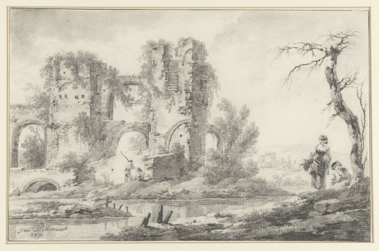 Ruïne aan een rivier met rechts een jongen en een meisje door Jean Baptiste Pillement