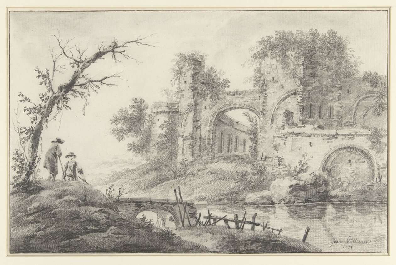 Ruïne aan een rivier met twee landlieden door Jean Baptiste Pillement