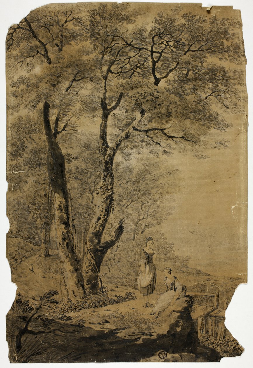 Boslandschap met twee vrouwen op de voorgrond door Jean Baptiste Pillement