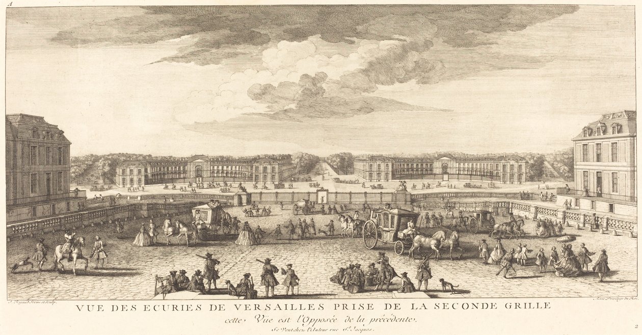 Uitzicht op de stallen van Versailles vanaf het tweede hek door Jean Baptiste Rigaud