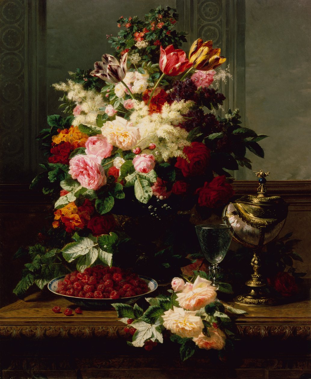 Een Stilleven van Rozen, Tulpen en andere Bloemen op een Duitse Compote door Jean Baptiste Robie
