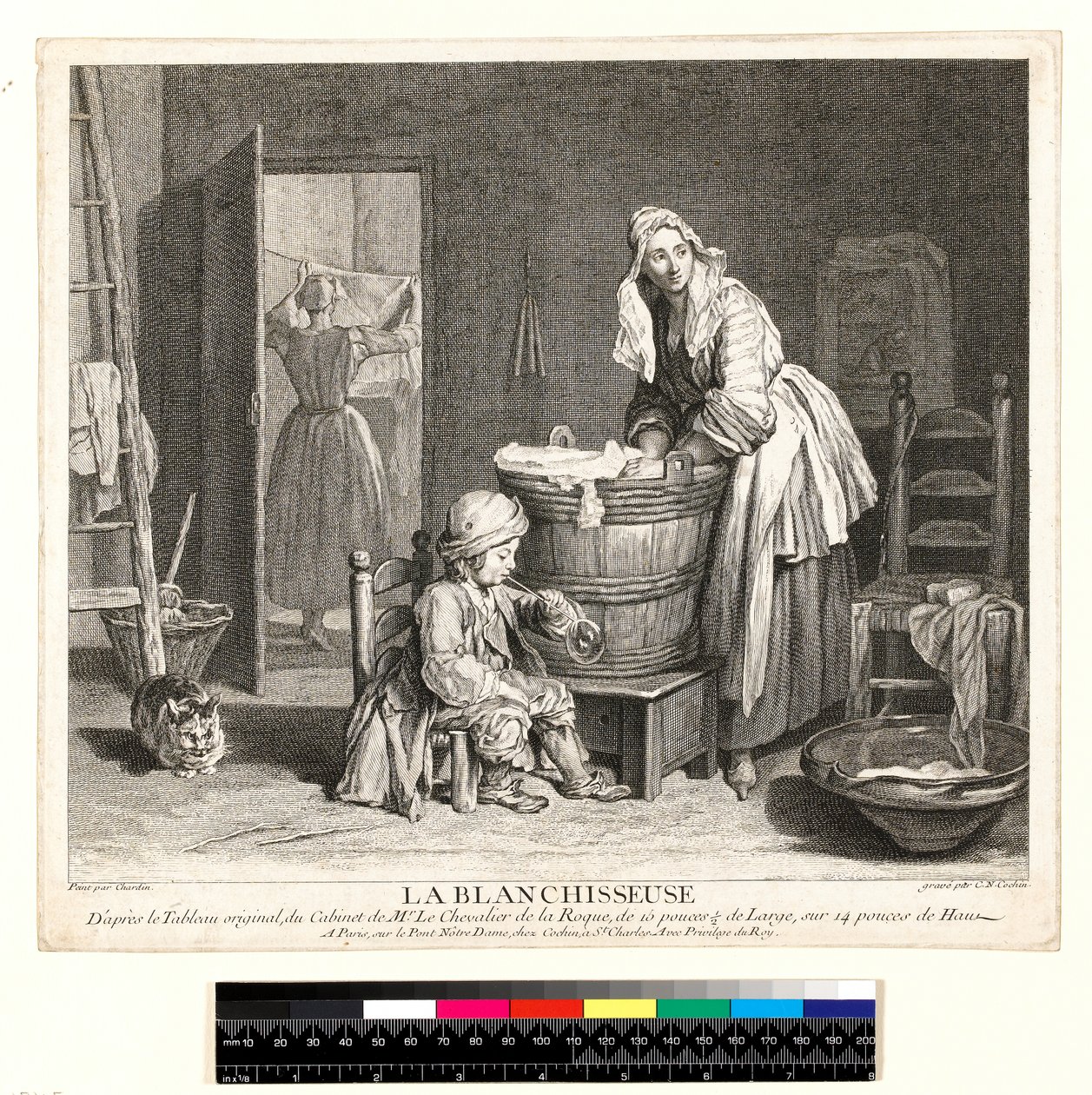 La Blanchisseuse, gegraveerd door Charles Nicolas Cochin I door Jean Baptiste Simeon (after) Chardin