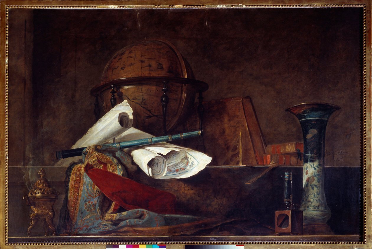 Allegorie van de wetenschap. Stilleven, globe, geografische kaarten, boeken en vaas. door Jean Baptiste Simeon Chardin