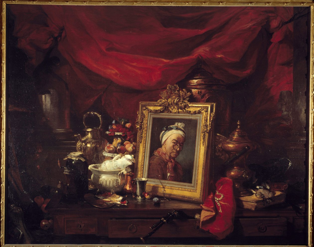 Chardin en zijn modellen. Tafel in een array (abyme). Een schilderij dat Jean Baptiste Simeon Chardin (1699-1779) omringd door stillevens afbeeldt. Schilderij door Philippe Rousseau (1816-1887) 1867 Parijs, musee d