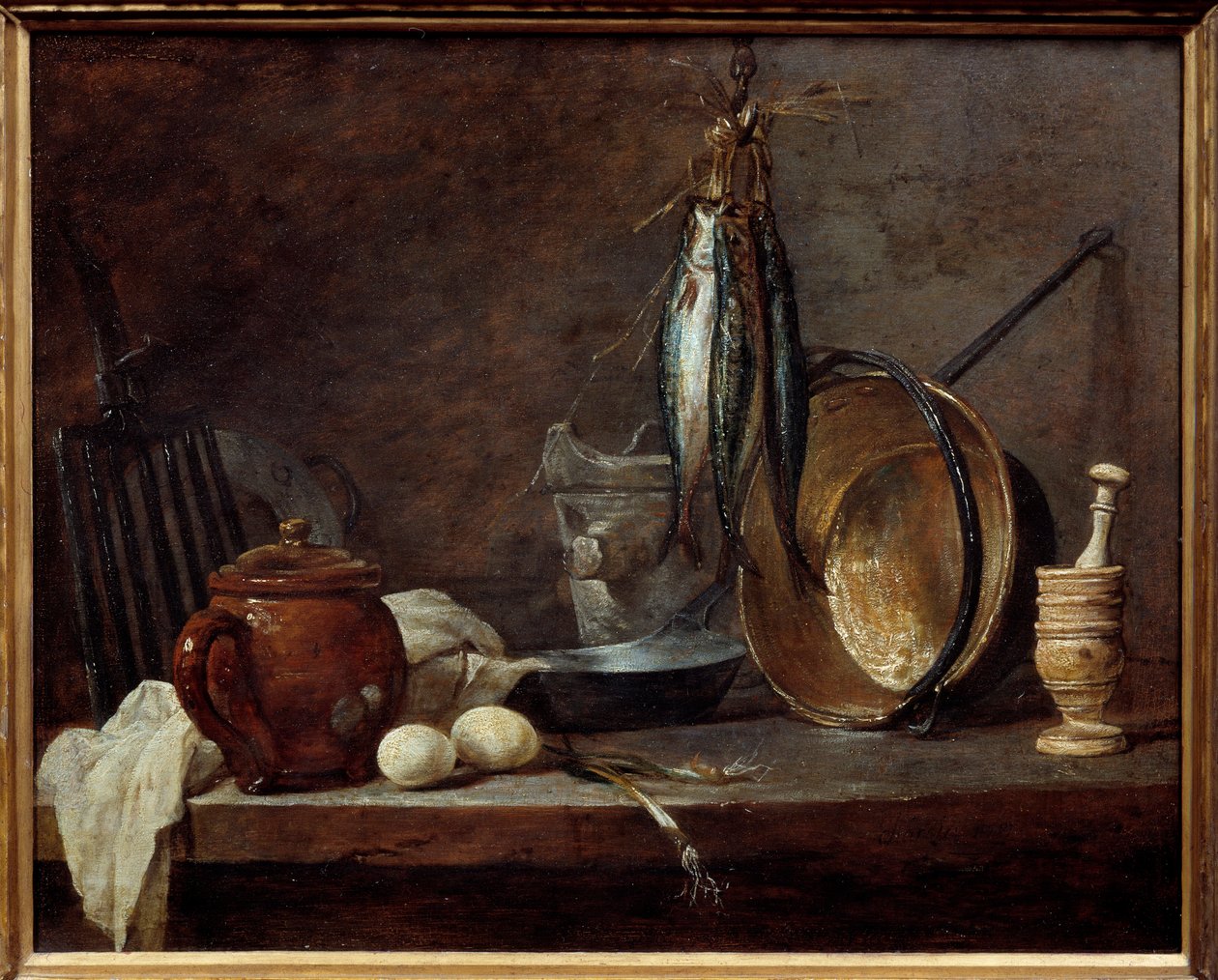Menu van mager en keukengerei. Stilleven door Jean Baptiste Simeon Chardin