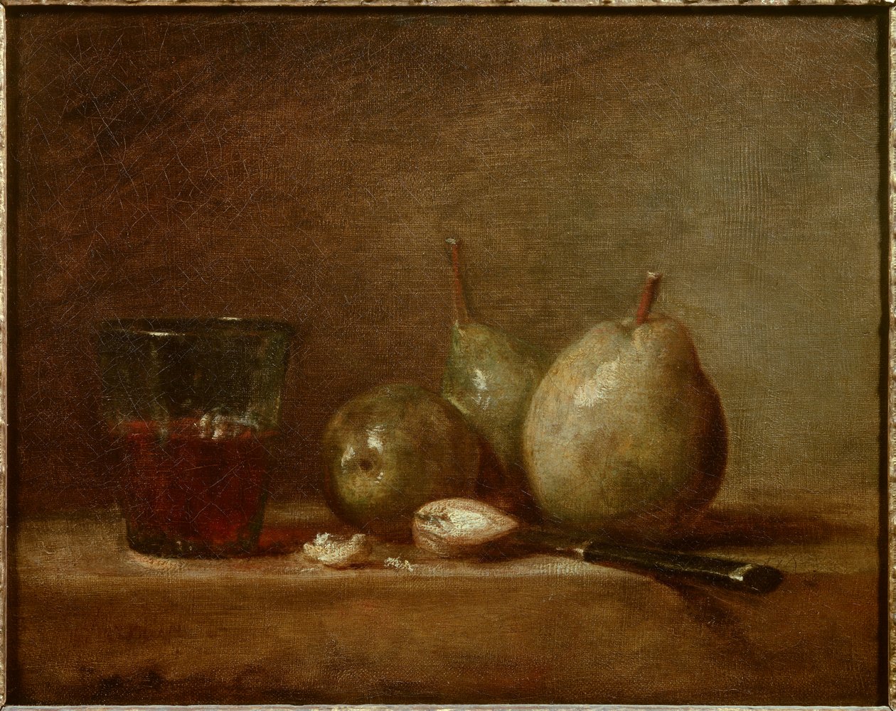 Peren, noten en glas wijn. Stilleven door Jean Baptiste Simeon Chardin