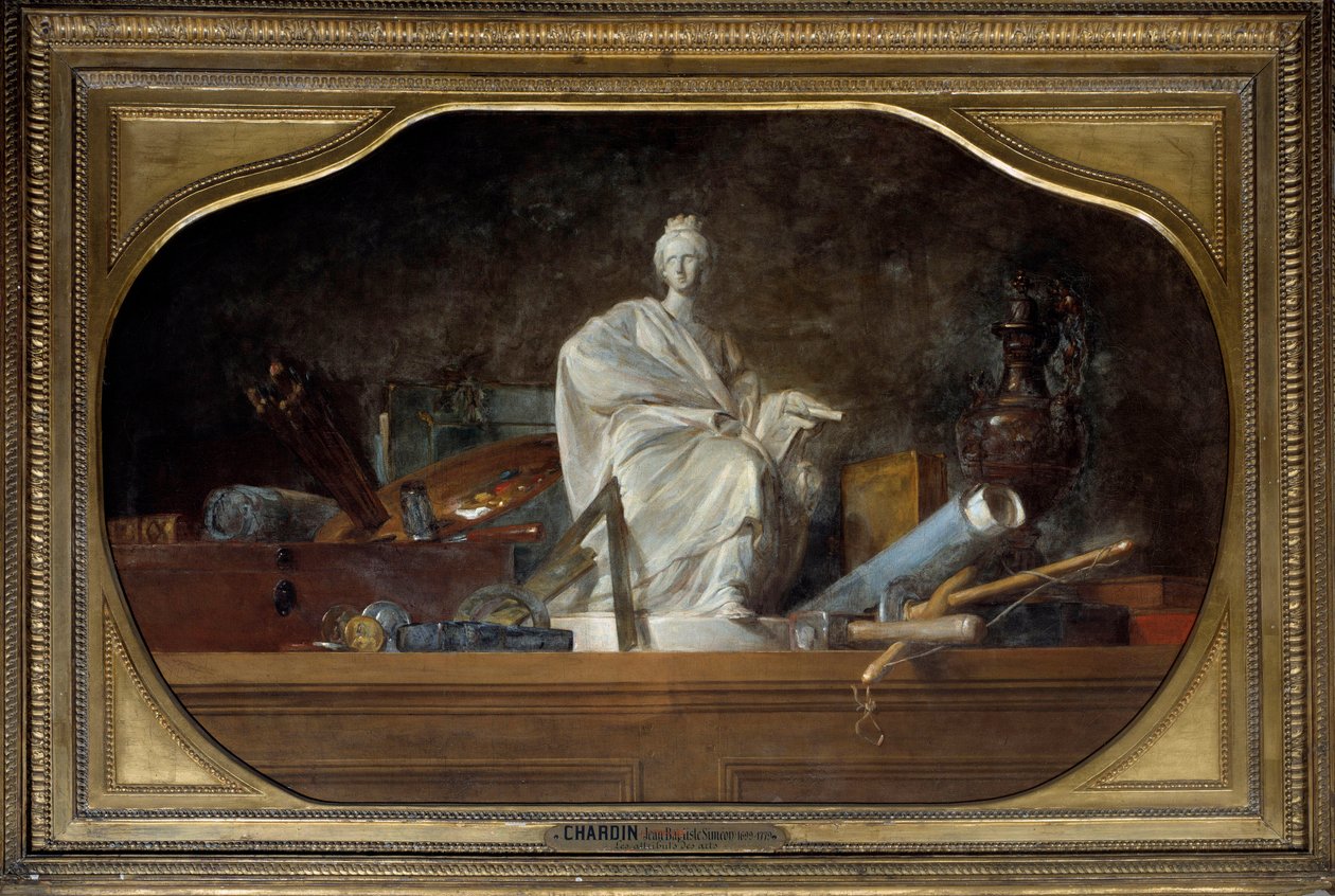 De attributen van de Kunsten Allegorie van de kunsten met beeldhouwersgereedschap, beeldje door Jean Baptiste Simeon Chardin