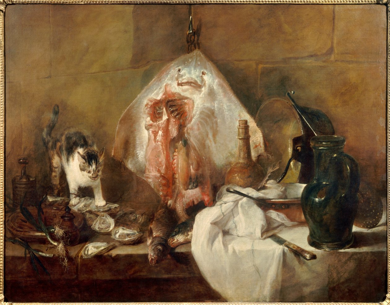 Stilleven met rog, vis, oesters en kruik door Jean Baptiste Simeon Chardin