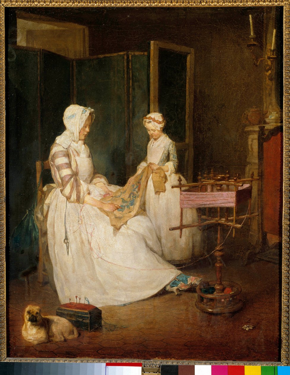 De werkende moeder Een moeder geholpen door haar dochter borduurt en gebruikt een chedder door Jean Baptiste Simeon Chardin