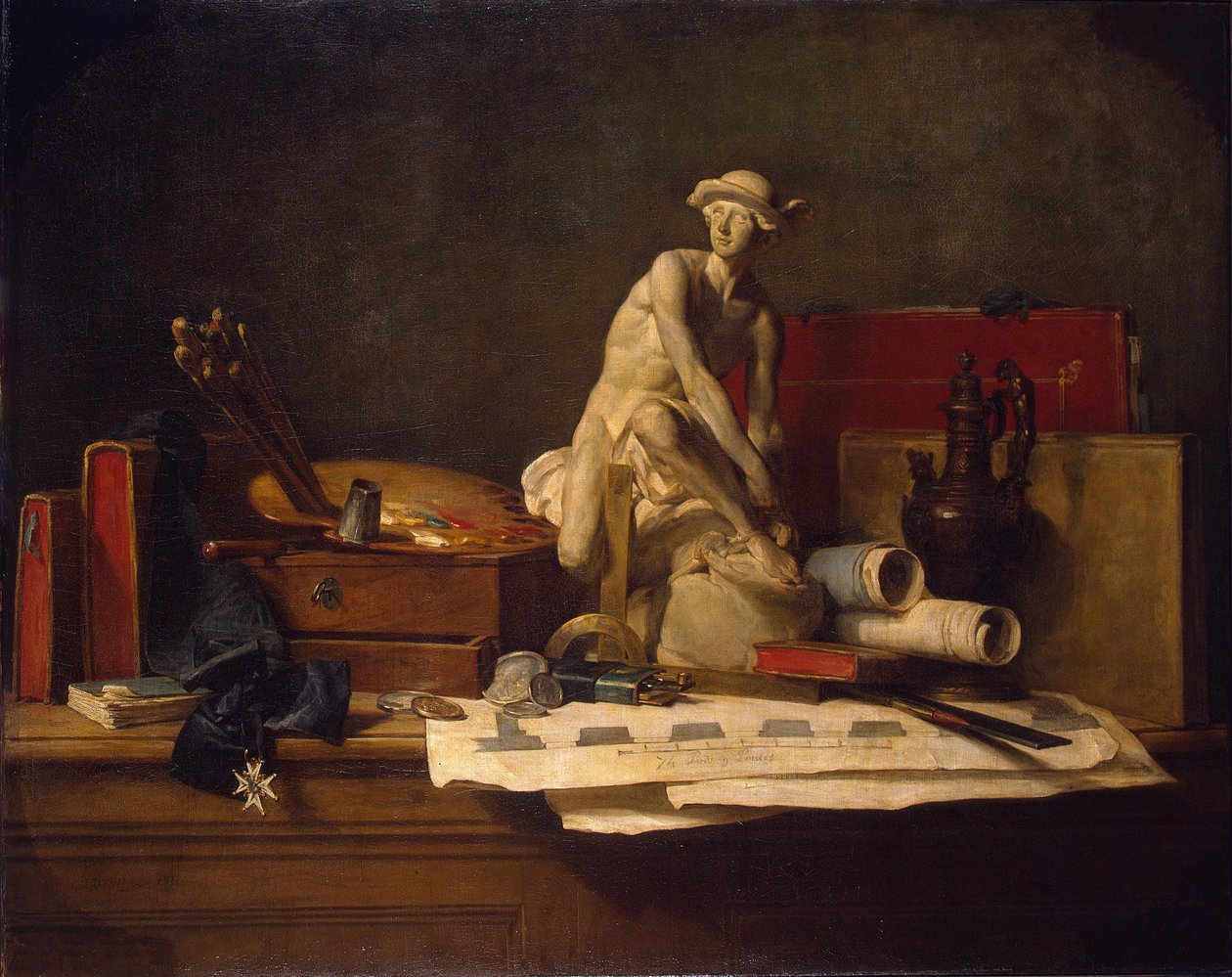 Frans:  Nature morte avec des attributs des Arts Stilleven met attributen van de kunsten door Jean Baptiste Simeon Chardin