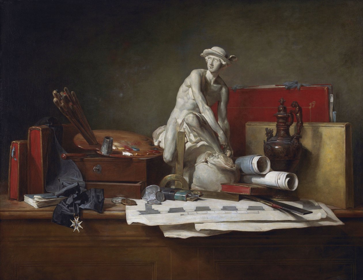 Frans:  Nature morte aver des attributs des Arts De eigenschappen van de kunsten en de beloningen die eraan worden toegekend door Jean Baptiste Simeon Chardin