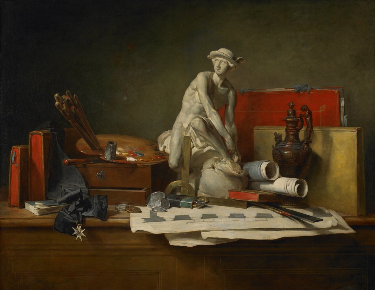 Frans:  Nature morte aver des attributs des Arts De eigenschappen van de kunsten en de beloningen die eraan worden toegekend door Jean Baptiste Simeon Chardin