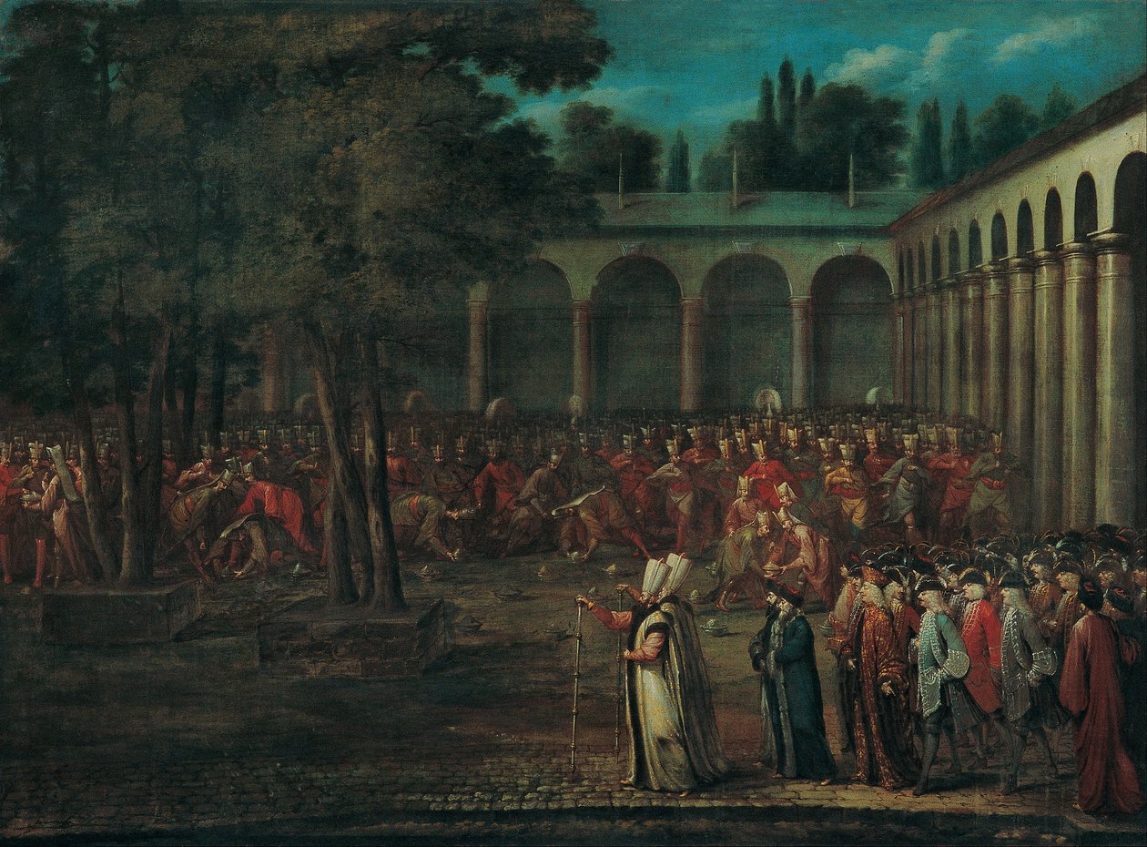 De ambassadeursdelegatie die door de tweede binnenplaats van het Topkapı-paleis trekt door Jean Baptiste Vanmour