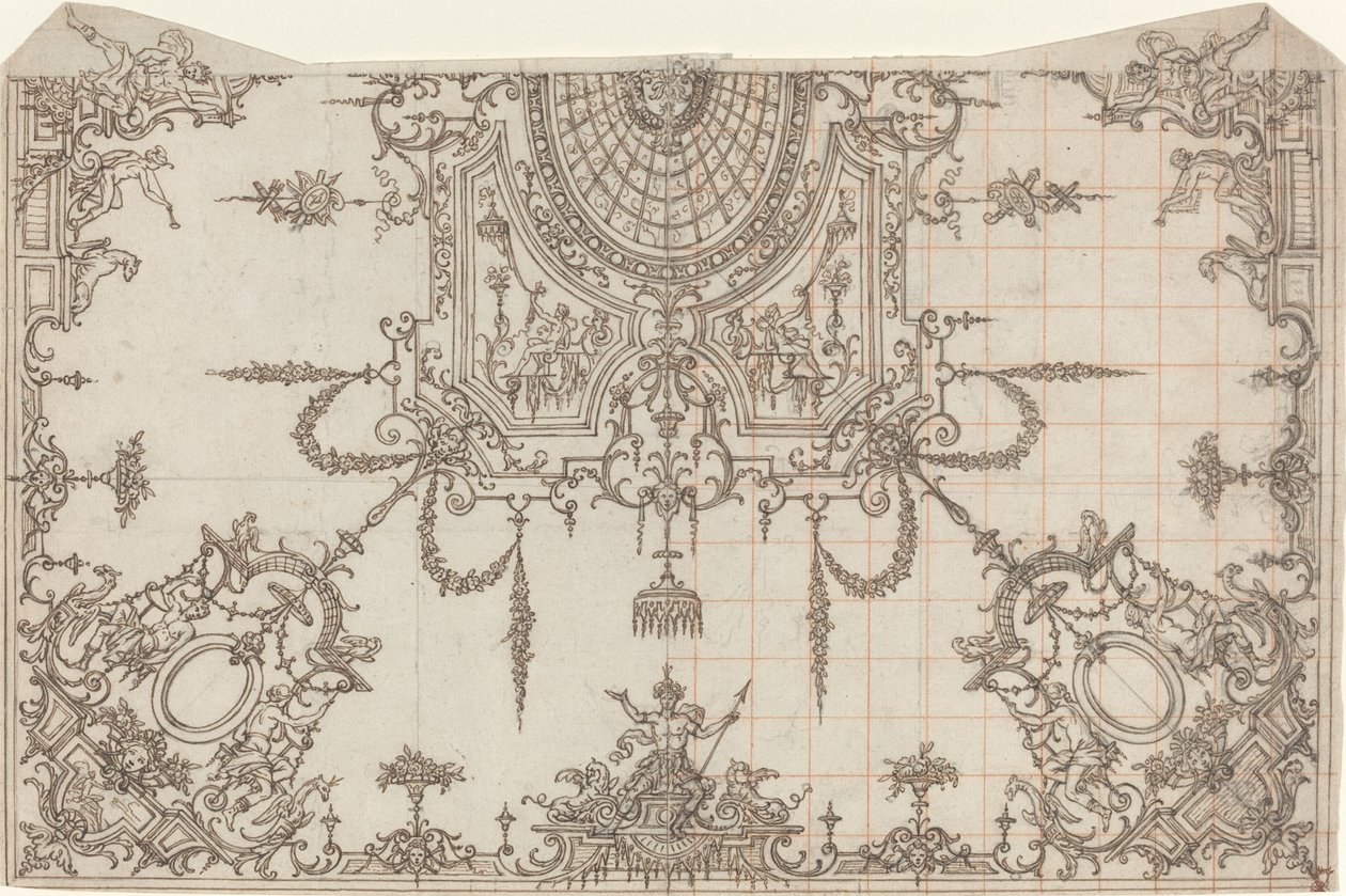 Een Uitgebreid Plafond met Trellises en Zittende Figuren door Jean Berain