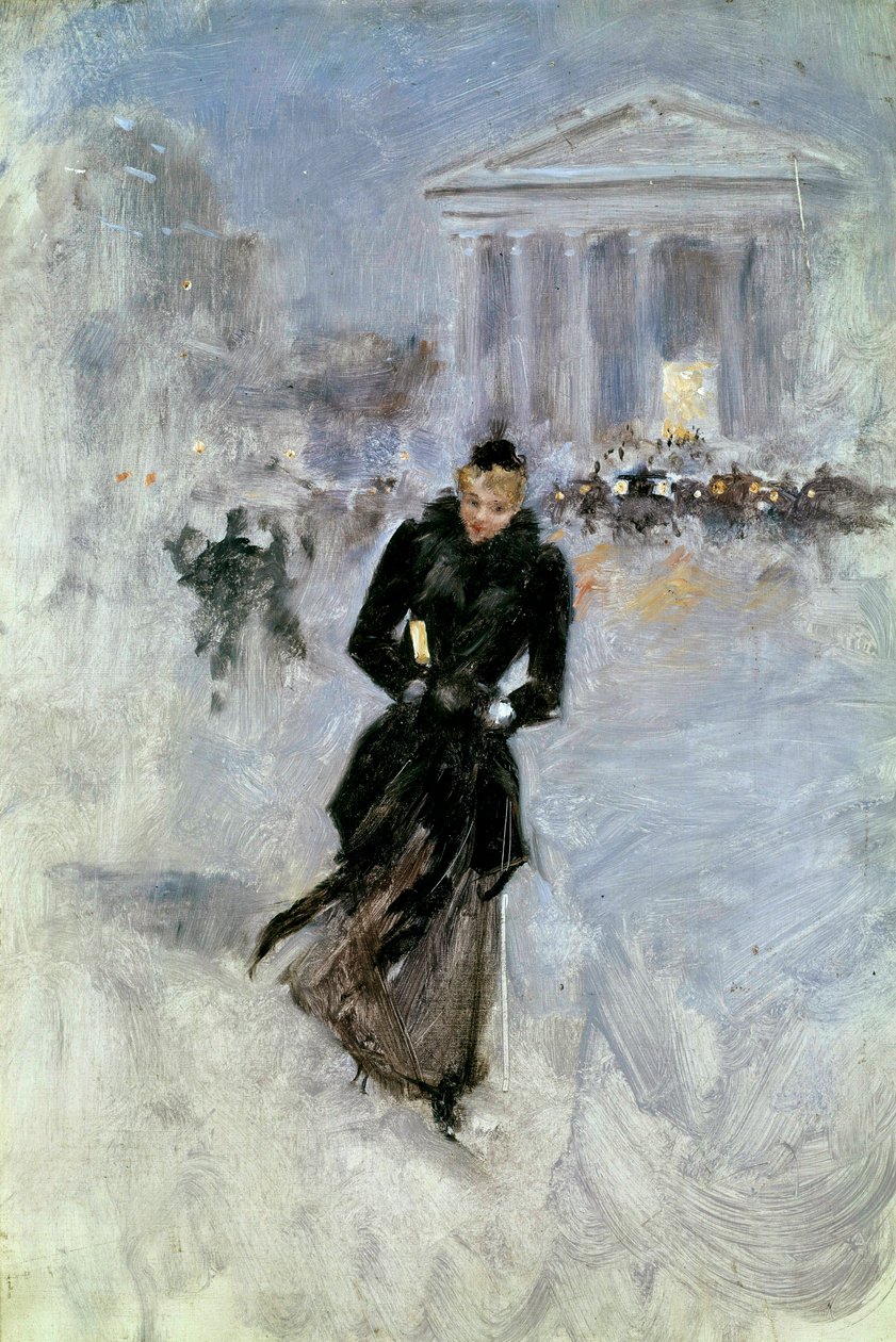 Jonge elegante vrouw met de boa in de rue Royale in Parijs door Jean Beraud