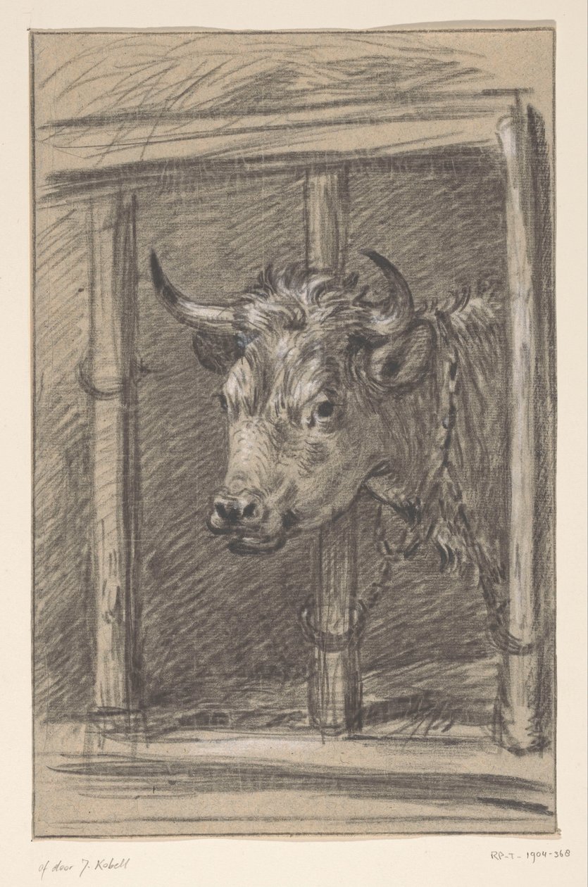Kop van een koe, door de spijlen van een stal door Jean Bernard