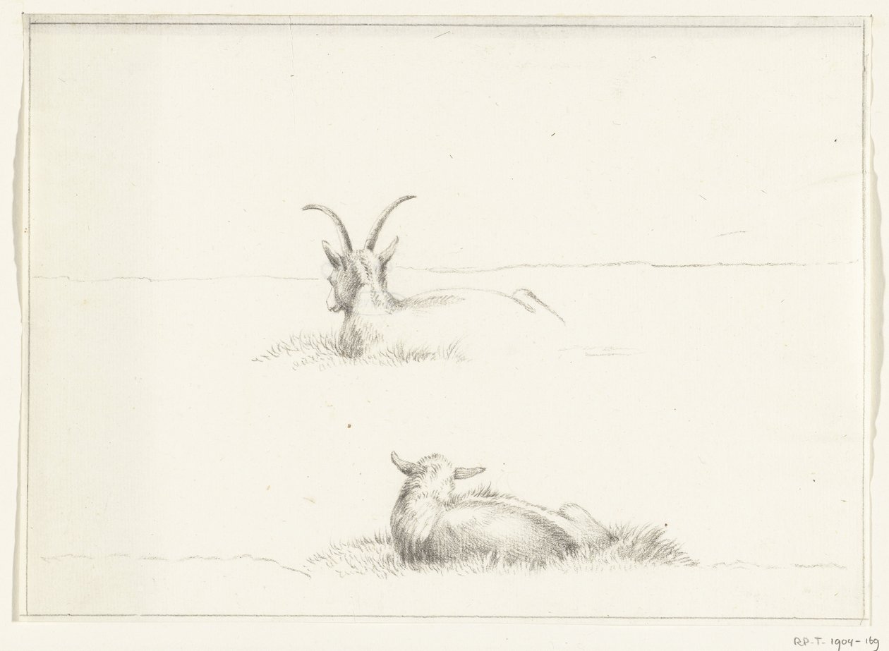 Schetsen van een liggende geit en een schaap, van achteren door Jean Bernard