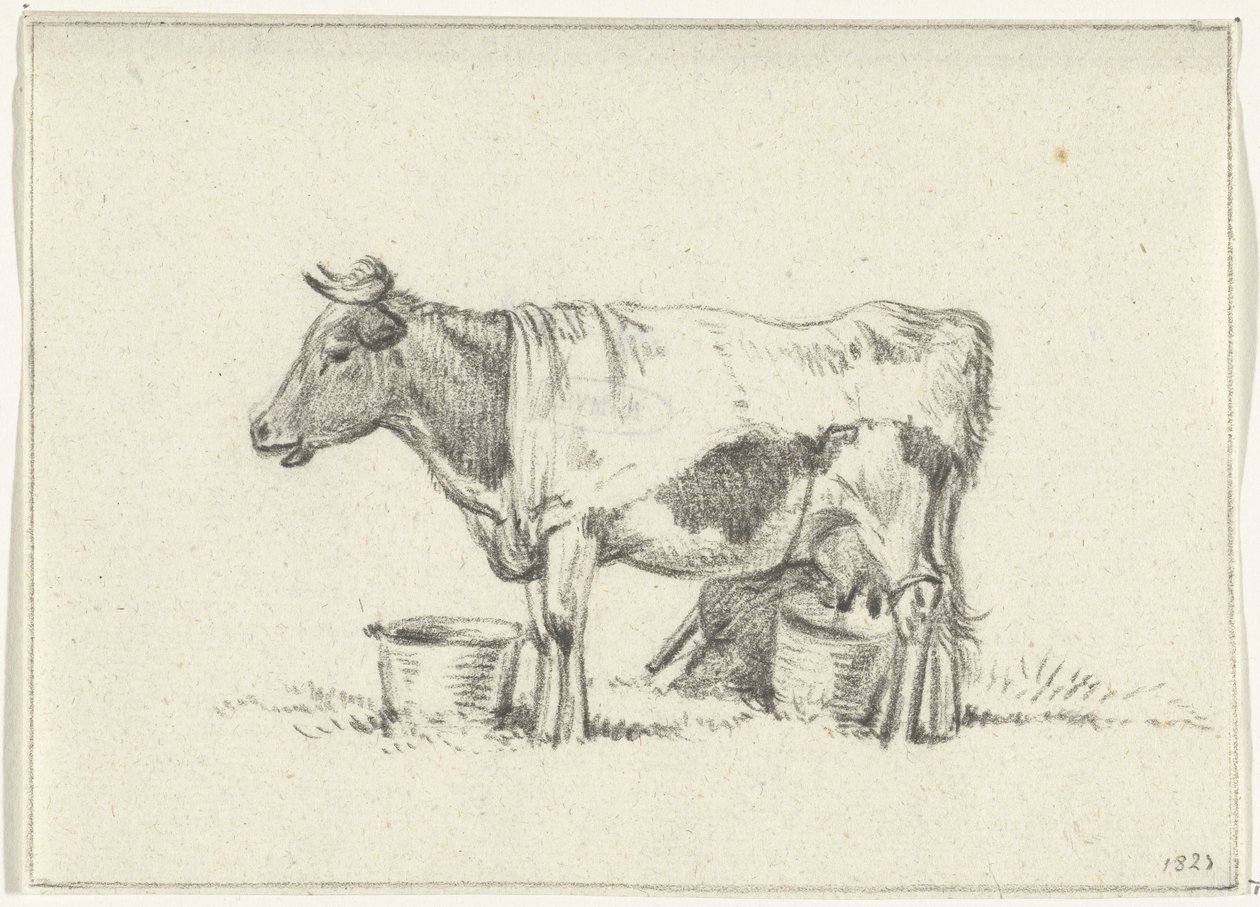 Staande koe, met melkemmer en melkkrukje door Jean Bernard