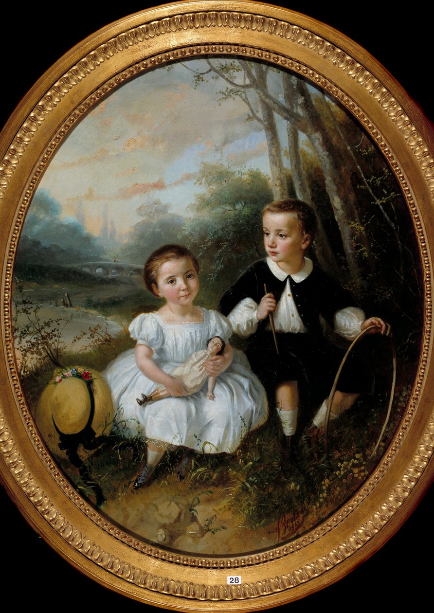 Het kind met hoepel Schilderij door Bertou (19e eeuw) 1863 Privécollectie. door Jean Bertou