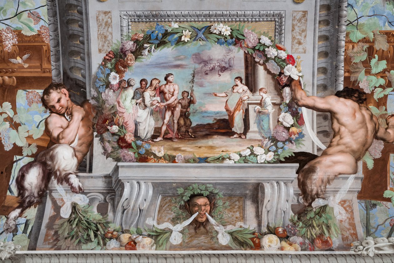 Bacchus, met zijn oude voedsters en een sater, vraagt Medea leunend tegen een zuil om de vrouwen te verjongen door Jean Boulanger